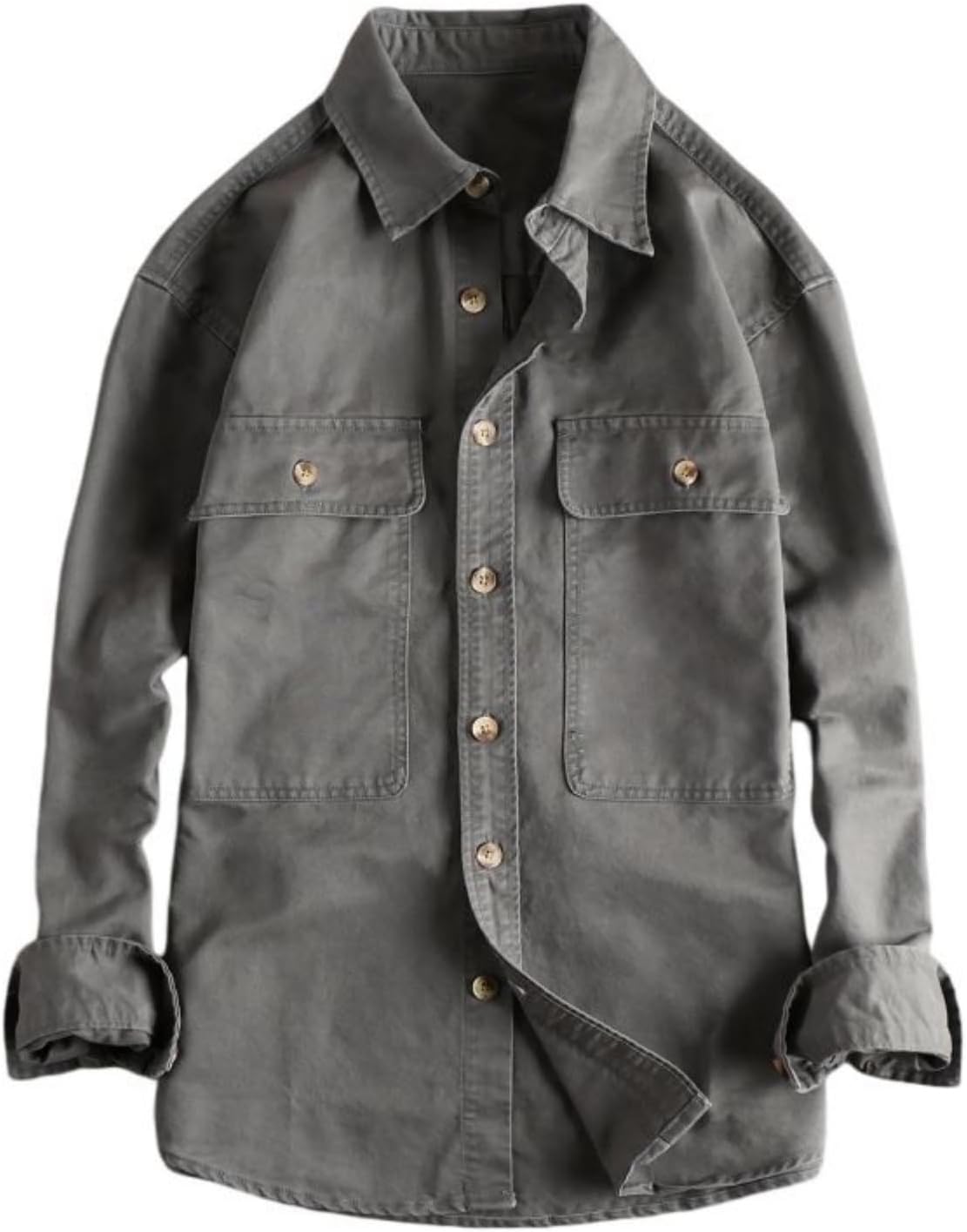 Men's Cotton Long Sleeve Work Shirt Regular Fit Large Pocket Washed Vintage Wash