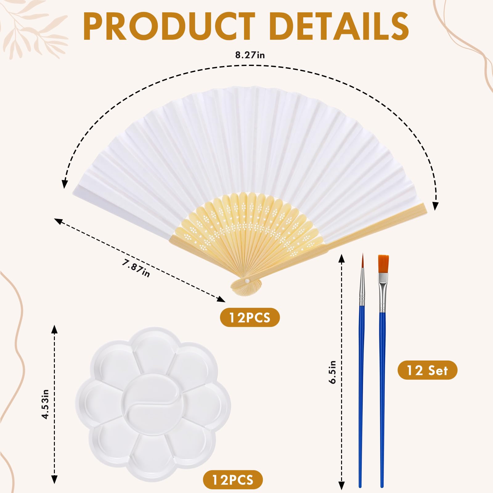Roowest 12 Set DIY Papierfächer Kit Weiß Faltbare Dekorative Handfächer Bulk mit Farbpaletten und Pinseln für Malerei Party Klassenzimmer Gemeinschaft Kunst Aktivitäten Frauen Bachelorette Party