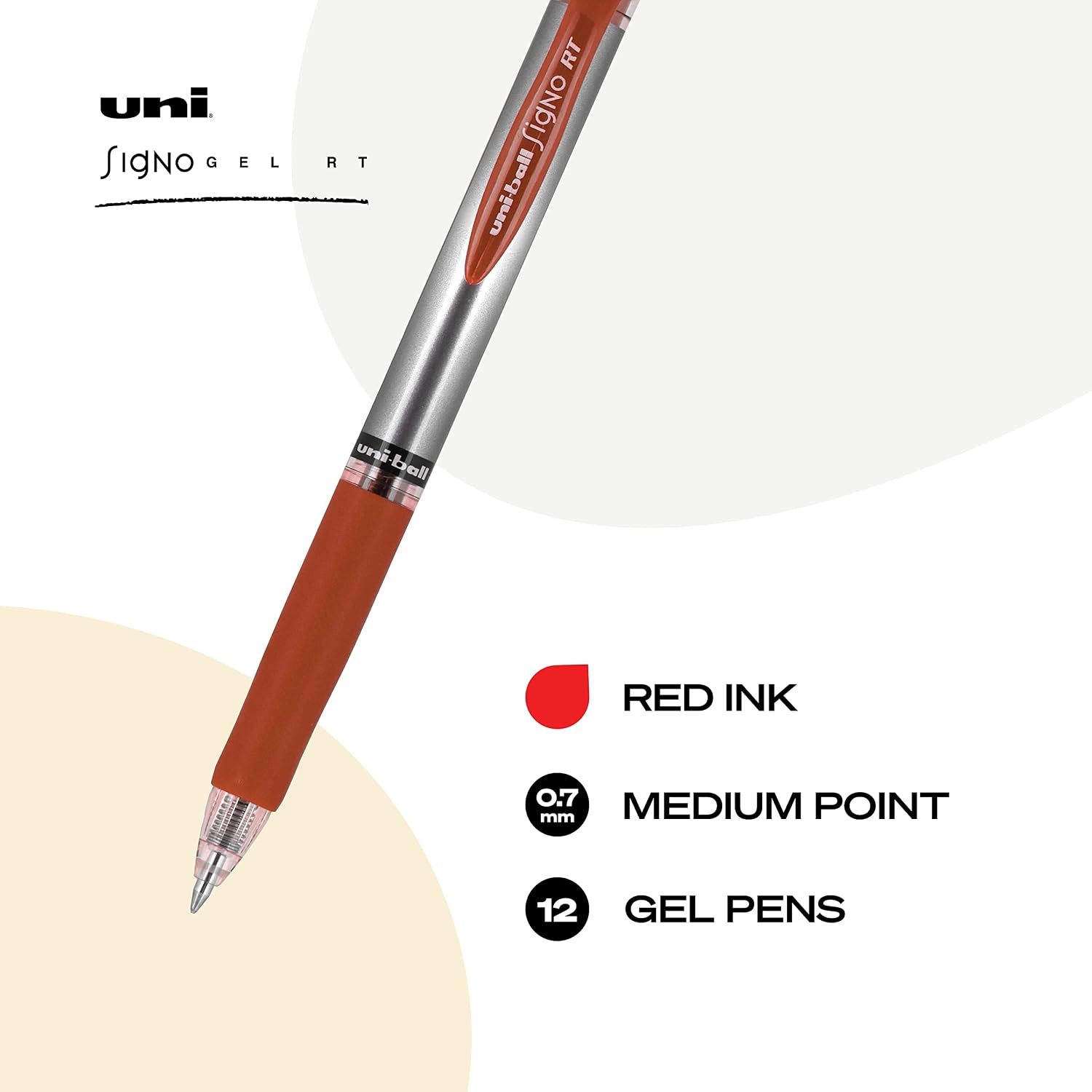 uni-ball Retractable Gel Pens, Medium Point (0.7mm), Red, 12 Count
