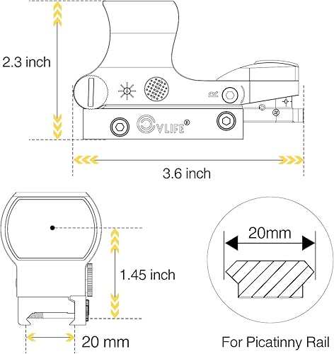 Vista 18 de CVLIFE Mira reflejada, mira de punto rojo de 0.039 x 1.102 x 1.575 in, 4 mira de retículas ajustables para riel Picatinny de 0.787 in, óptica
