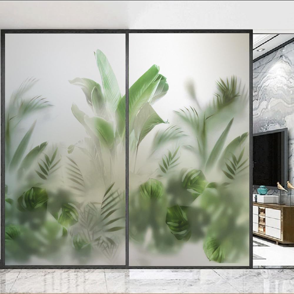 Privacy Window Film UV Blocking Heat Control Static Cling Window Coverings Green Plants Decorative Glass Window Sticker(70x200cm)