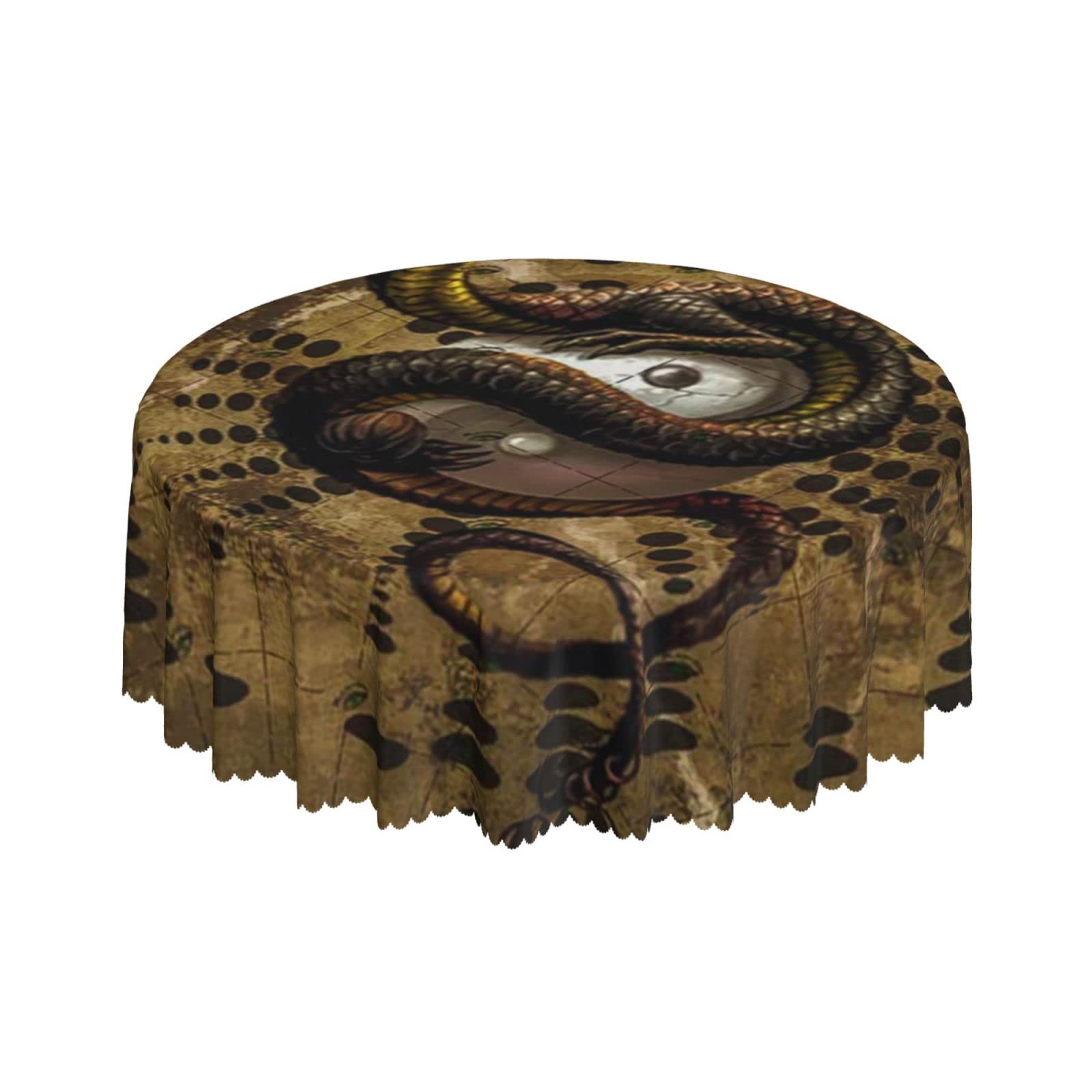 Lsjuee Dragon Yin Yang Brown Round Tablecloth 60 Inch Printed Washable Tablecloth for Dining Party Holiday Fall Home Decorative