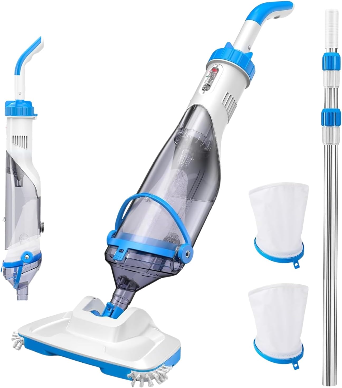 Consciot L2 Pool Vacuum for Above Ground & Inground Pools, Rechargeable Handheld Cleaner with Telescopic Pole, 18.5 GPM Suction, 13.4" Head, 60-Min Runtime, Ideal for Spa & Hot Tub Blue & White