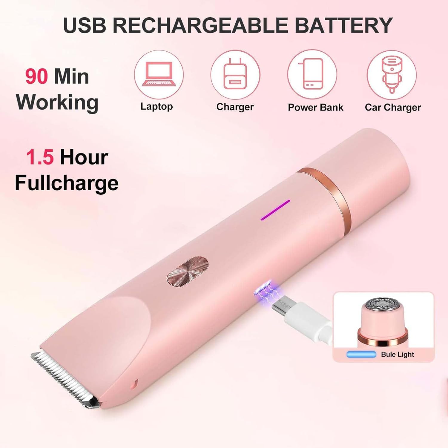 Bikini Trimmer for Women, 2 in 1 Electric Razors for Women - Double Head, Rechargeable, IPX7 Waterproof, Pain-Free Hair Removal for Facial, Body & Sensitive Areas with Ceramic Blades, Cordless - Image 7