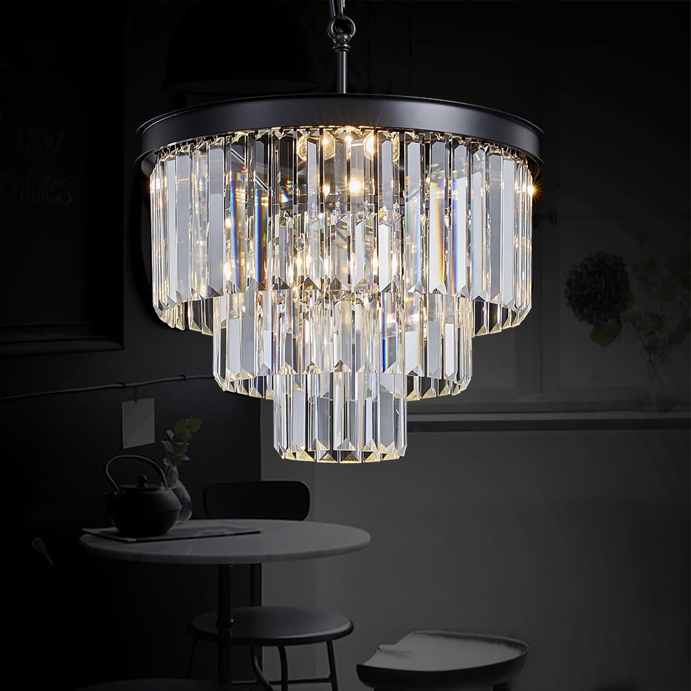 TMAFON Modern Crystal Pendant Light Fixtures - D16â€œ Small Ceiling Hanging Chandeliers for Dining Room, Bedroom, Living Room, Foyer, Black Metal Frame, Clear Crystals, 5 Lights