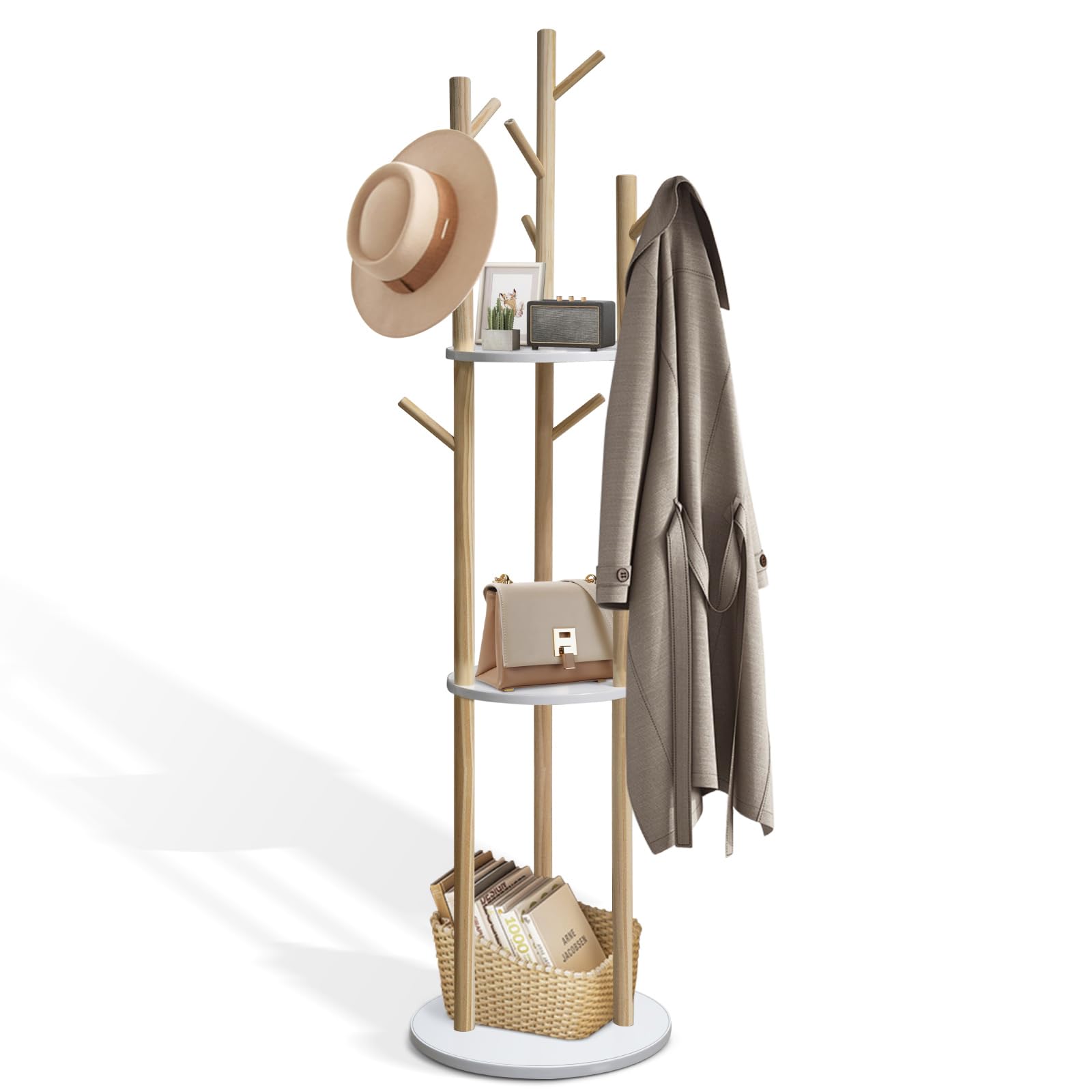 SUNDOY 165CM Wooden Coat Rack Freestanding with 3 Shelves & 9 Hooks, Hall Tree Stand for Entryway, Bedroom, Hallway & Living Room, Coat Stand for Coats, Jackets, Hats