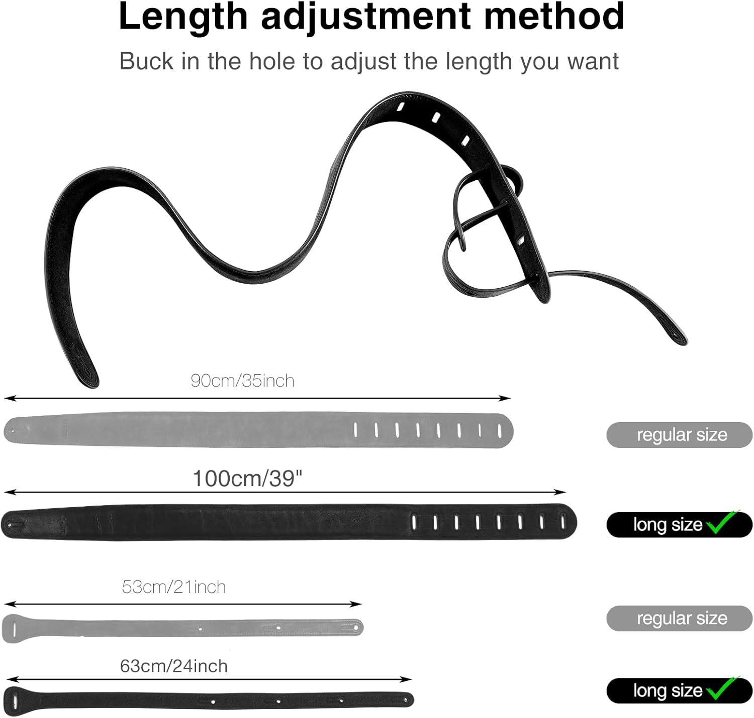 Diagram showing how to adjust the strap length by buckling the tail piece into different holes on the main strap section.