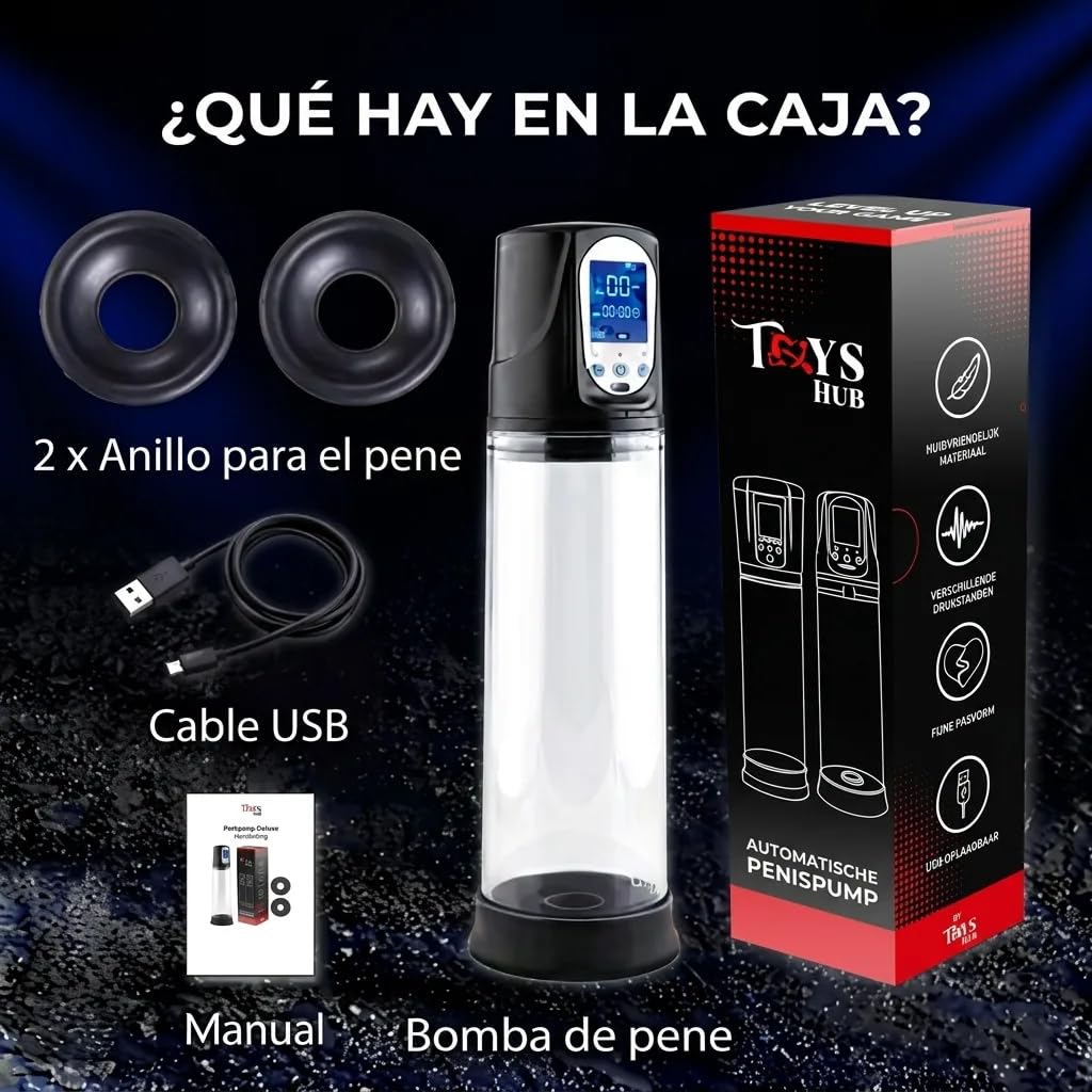 Bomba de Pene Eléctrica Automática con Pantalla LED | 2 Anillos de Silicona | Carga USB | Impermeable | Estimulador y Amplificador Masculino