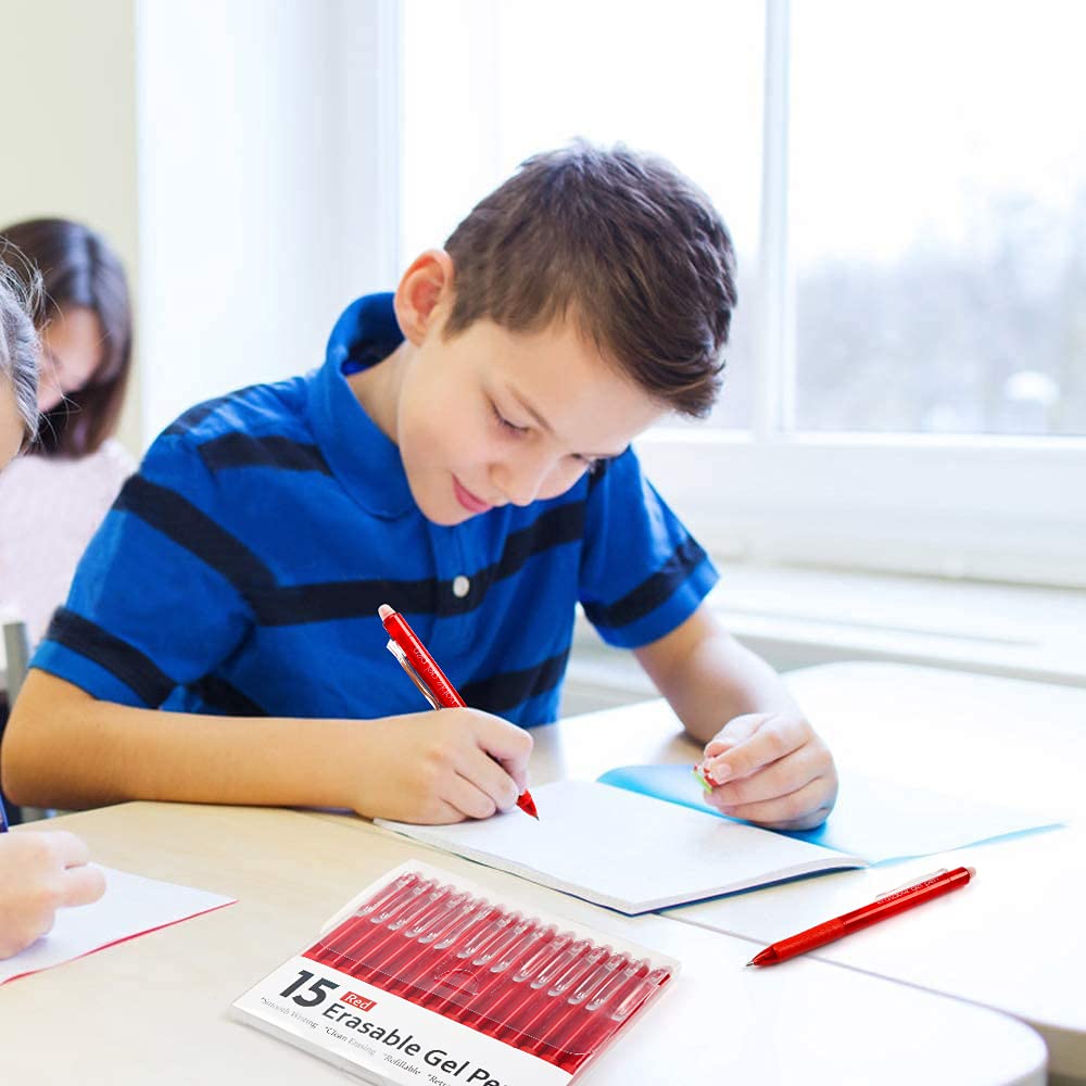 Lineon Lot de 15 stylos à encre gel rétractables rouges effaçables à pointe fine pour faire disparaître les erreurs, encre rouge pour planification d'écriture, planificateur et mots croisés