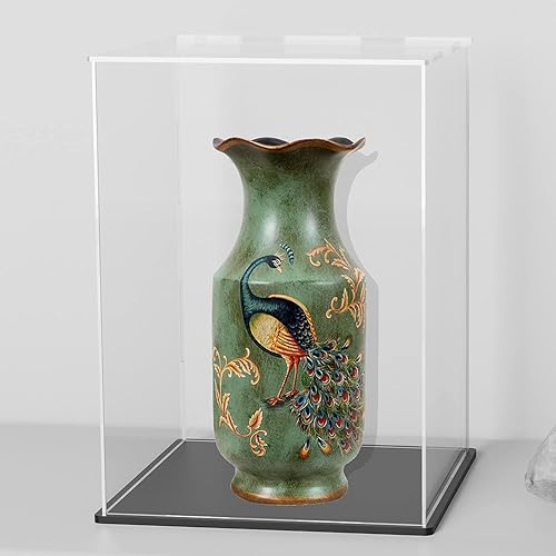 Caja de acrílico con base negra mate, vitrina de acrílico transparente de autoensamblaje, formato vertical con tapa para coleccionables, juguetes y