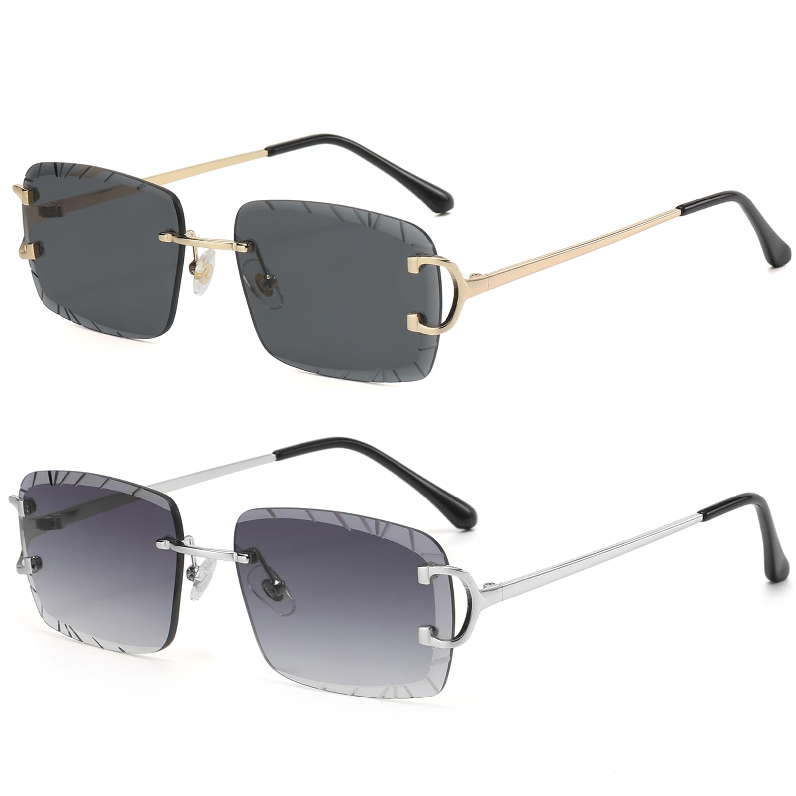 Retro Rimless Rectangle Sunglasses for Men Women Luxury Frameless Square Trendy Shade Diamond Cutting Eyewear