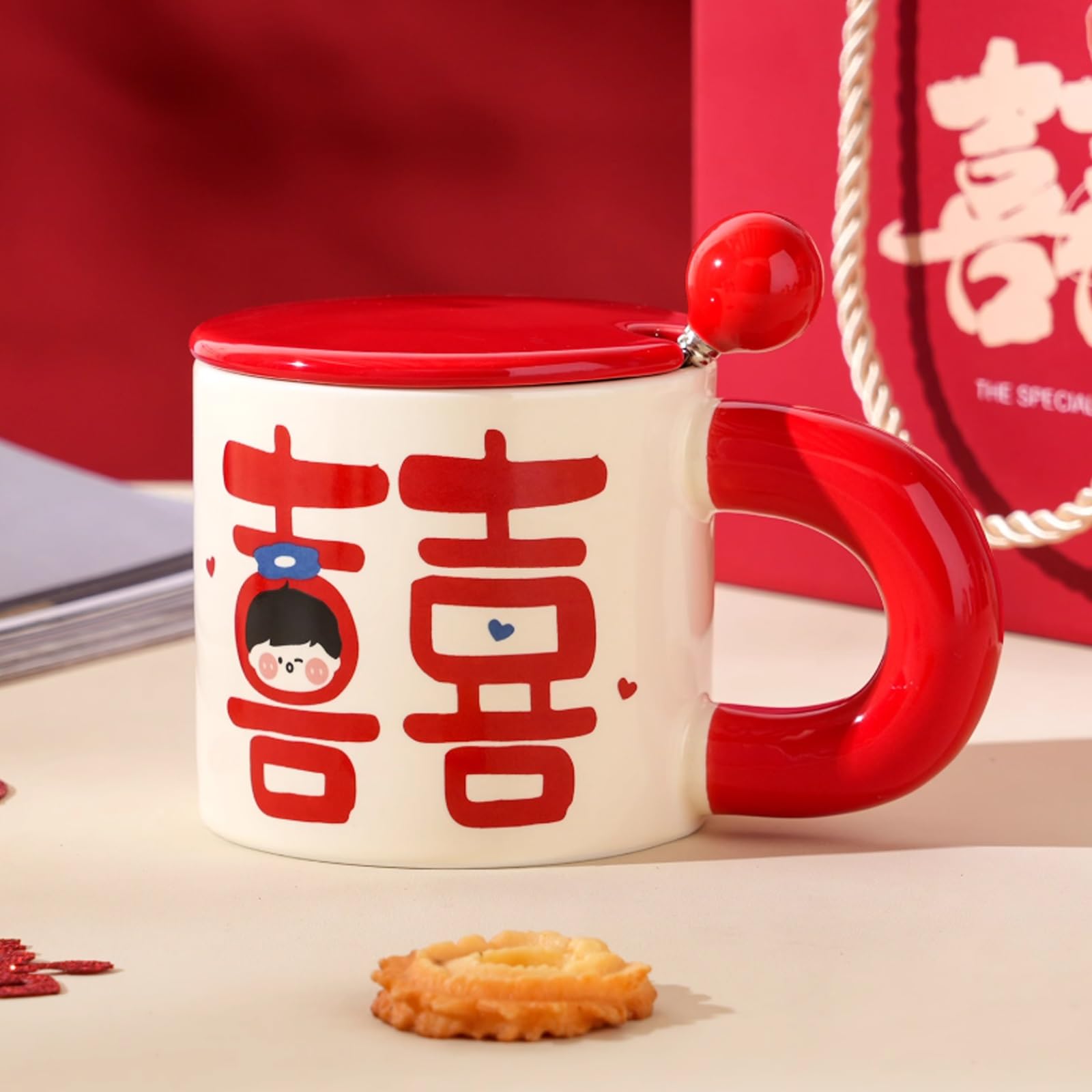 Tazza da tè dal Design Unico, Tazza in Ceramica con Coperchio e Cucchiaio a Forma di Ragazzo Felice, da Caffè da 380 Ml per tè e Caffè, Grazioso Regalo di San o Natale(Red)