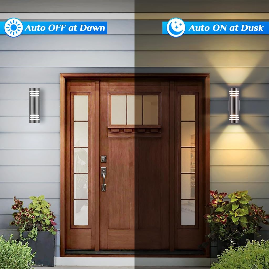 SHIMR Dusk to Dawn Outdoor Wall Light, Exterior Light Fixture Stainless Steel, Outdoor Sconce Lights Cylinder, Waterproof Up and Down Light Wall Mount Electroplated Silverl Finsh, LED Bulbs Include