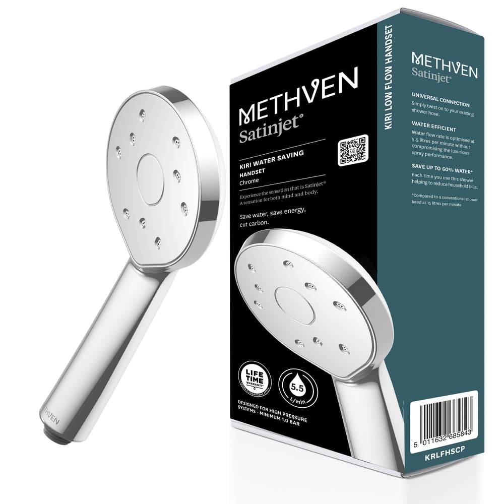 Methven Kiri MK2 Satinjet - Alcachofa de ducha de bajo caudal, ahorro de energía, 5,5 l/min, acabado cromado, para sistemas de alta presión, rendimiento ecológico de ahorro de agua, auricular de ducha