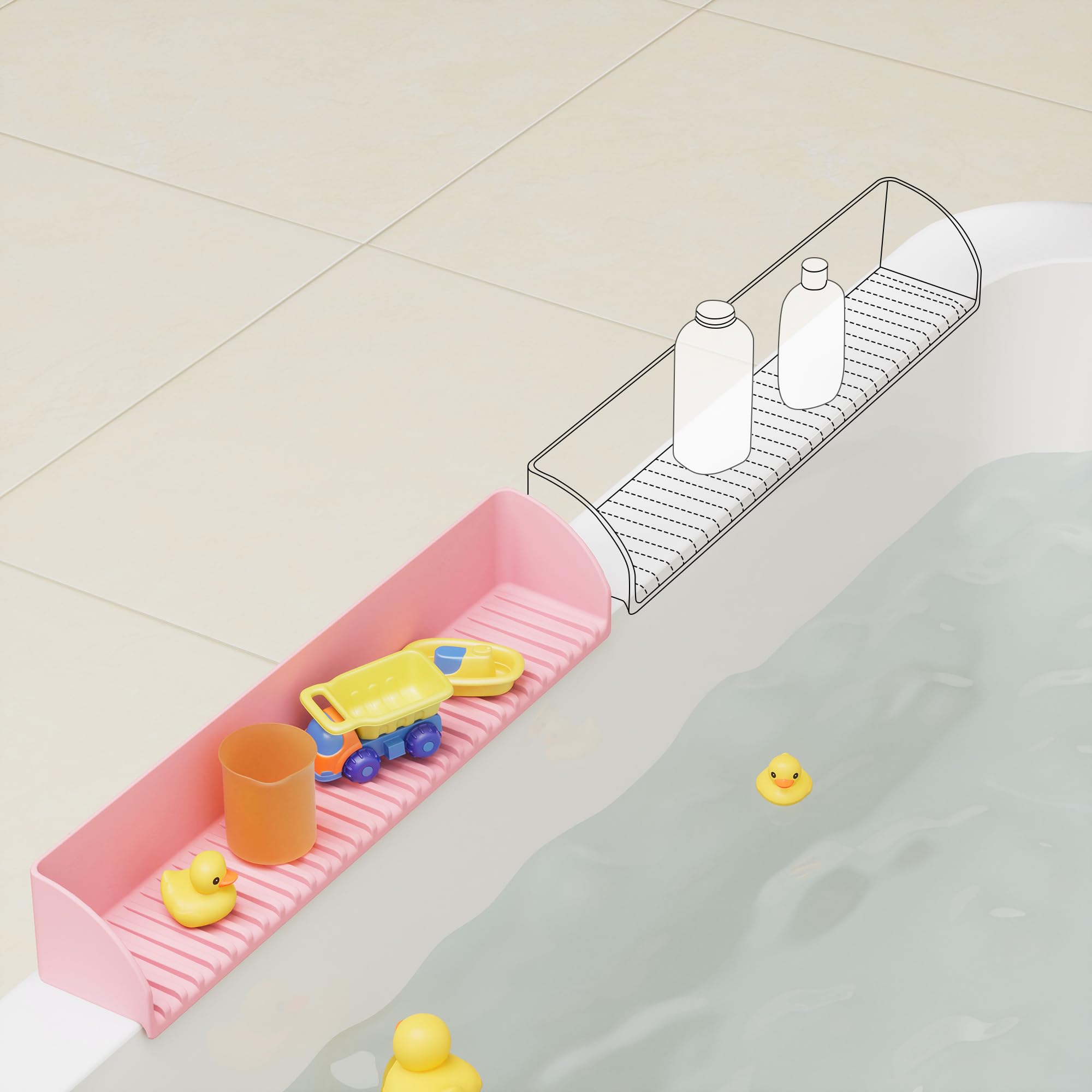 2Pack Bath Tub Splash Guard for Kids - Silicone Tub Water Splash Guard with 4 Suction Cups, Bath Toy Tray Holder, Tub Shelf for Kids, Bathroom