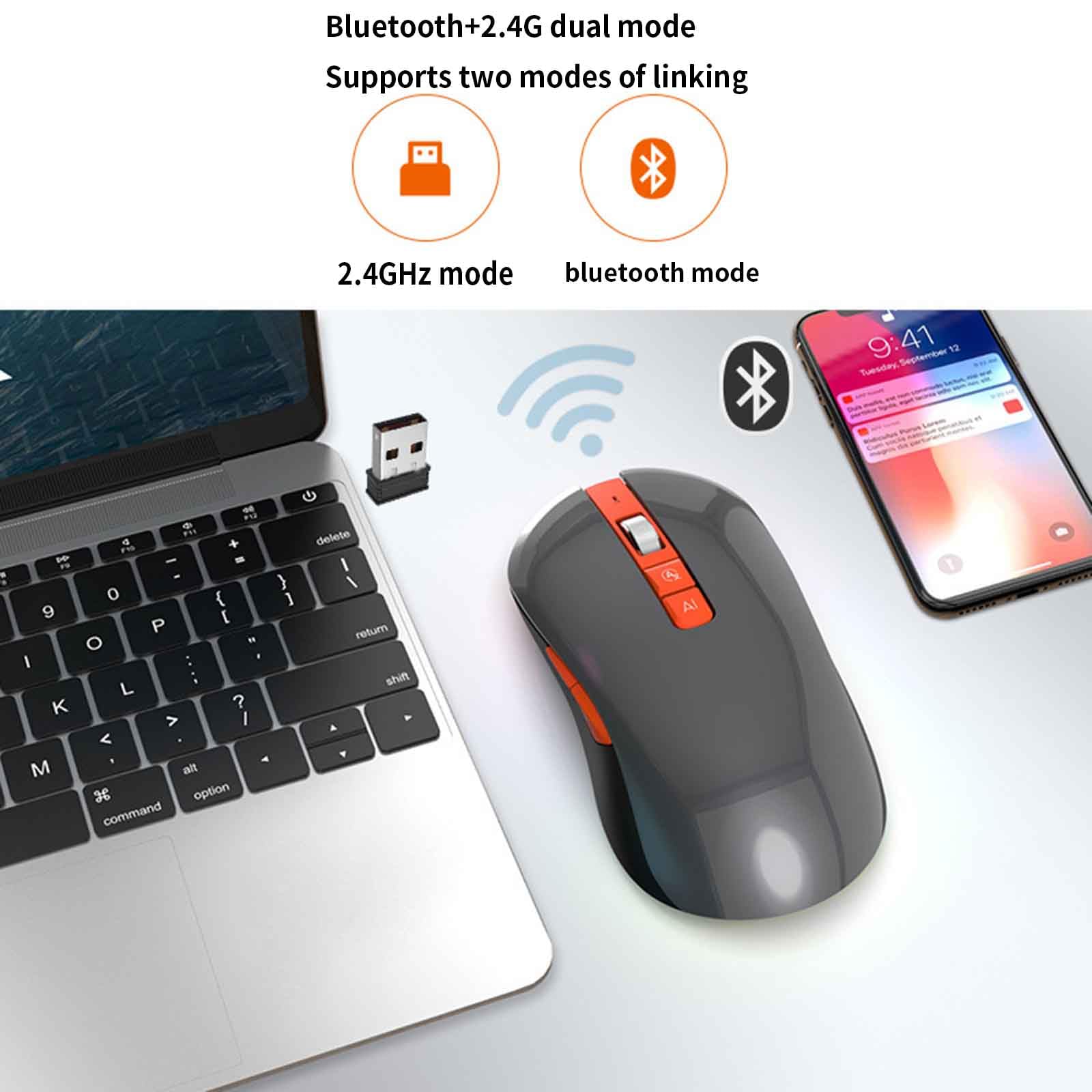 JUSHZ Souris sans Fil Ergonomique Gamer Bluetooth Gaming Rechargeable Souris Optique Rechargeable Traduction Intelligente 2,4 GHz (Grey)