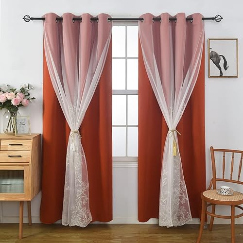 Miniatura 2 de GYROHOME Cortinas superpuestas de gasa transparente bordadas, cortinas de oscurecimiento de habitación de doble capa con ojales en la parte