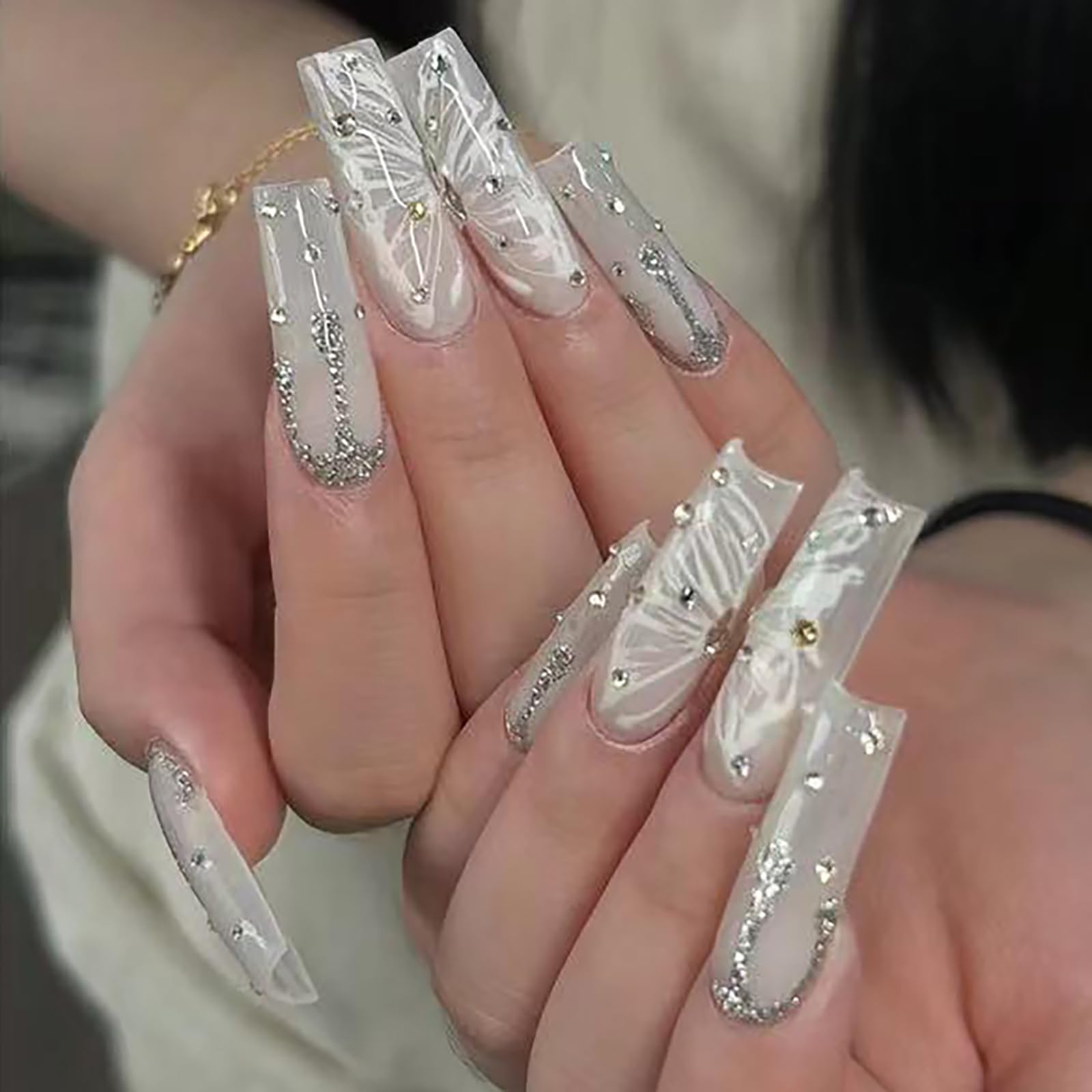 RTKHFZE Long Coffin Press on Nails Cute Acrylic Fake Nails Nude Glitter False Nails with Butterfly Pattern Designs Rhinestone Artificial Nails Full