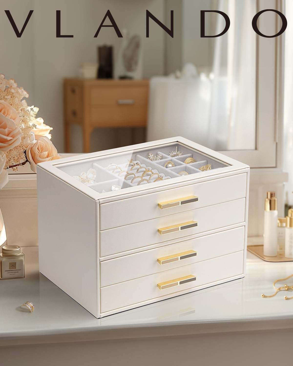 VLANDO Schmuckkästchen Groß, Schmuckkasten mit 4 Ebenen, Schmuck Organizer mit Glasdeckel, 4 Schubladen,für Halsketten, Ohrringe, Uhren, Armbänder, Schmuckaufbewahrung, Modern, Cinderella Plus, Beige