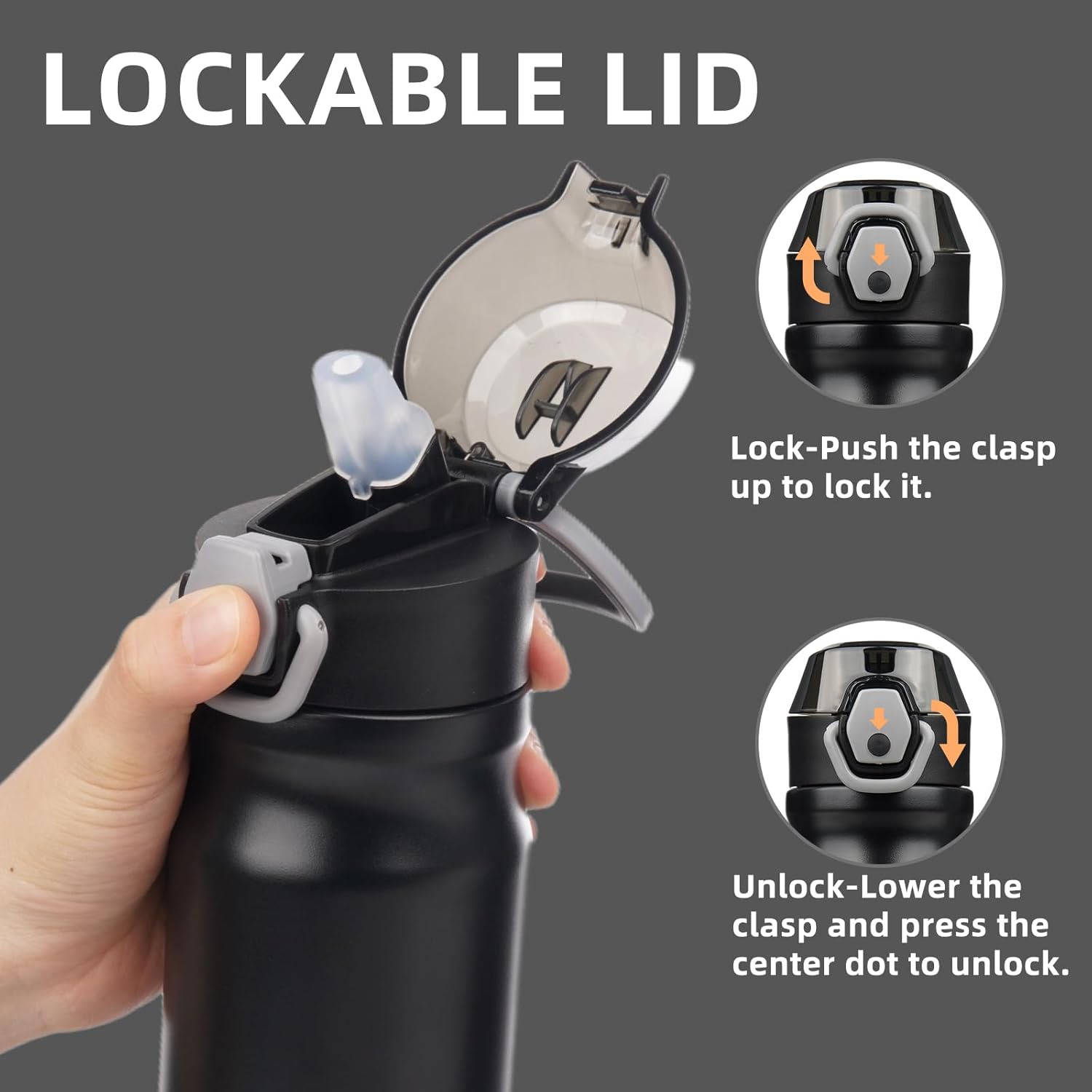 Insulated Water Bottle with Straw and Carry Loop,18 oz Stainless Steel Double Wall Vaccum Metal Water Flask with Leak-proof Lid,Black - Image 2