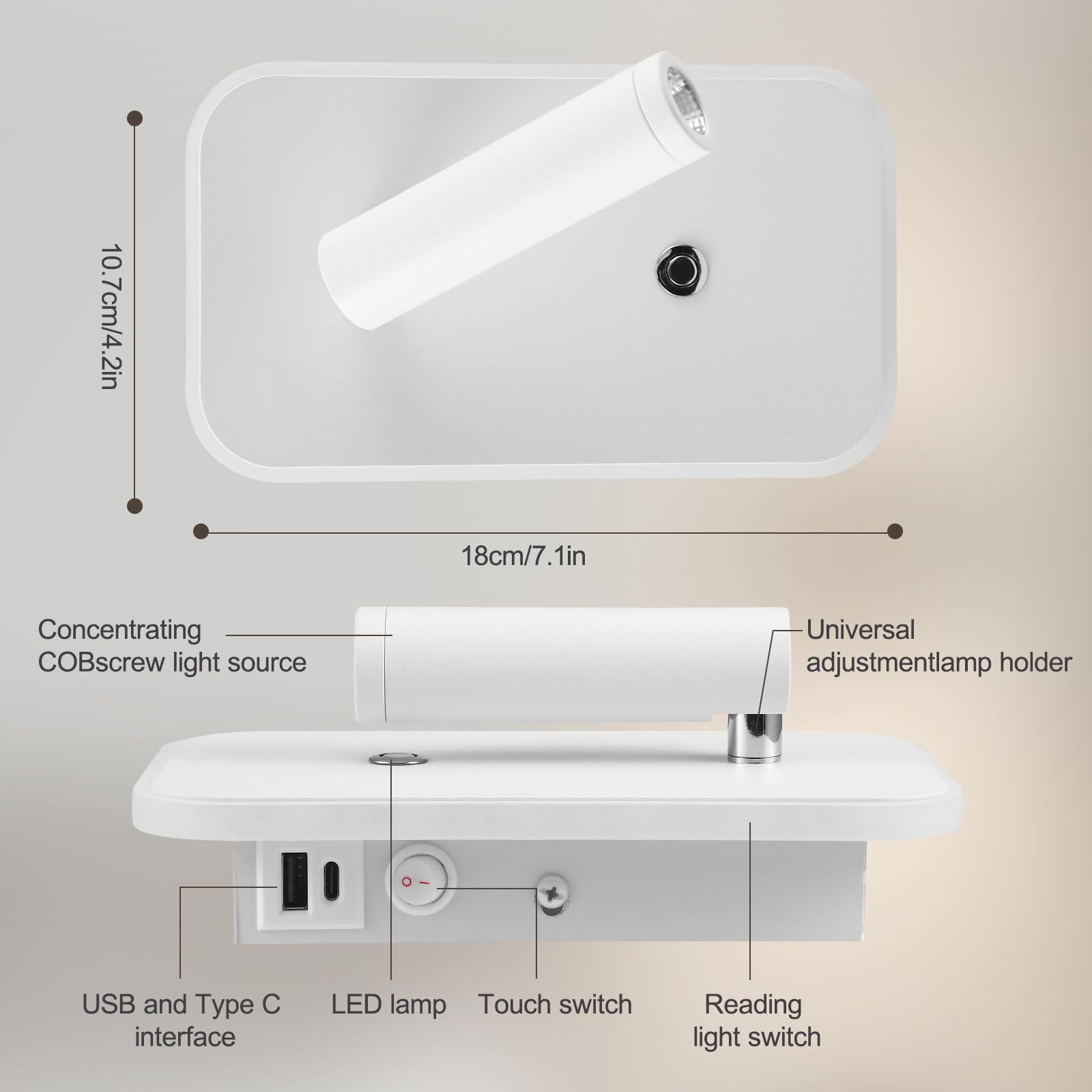 lampara cabecero cama 3W+9W 3000K, luz de lectura pared con Interruptor de Atenuación Continua y Puerto de carga USB, aplique mesa de cabecera Lámpara de Noche para Dormitorio Hotel(Blanco, 2 piezas)
