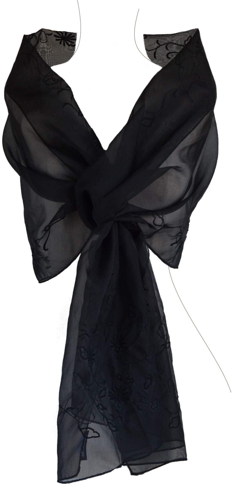JJcollectionJJ Collection Silk Organza Shawl Silk Scarf, 76'' L x21 W,  Embroidery Beads Adorned, Black, One size