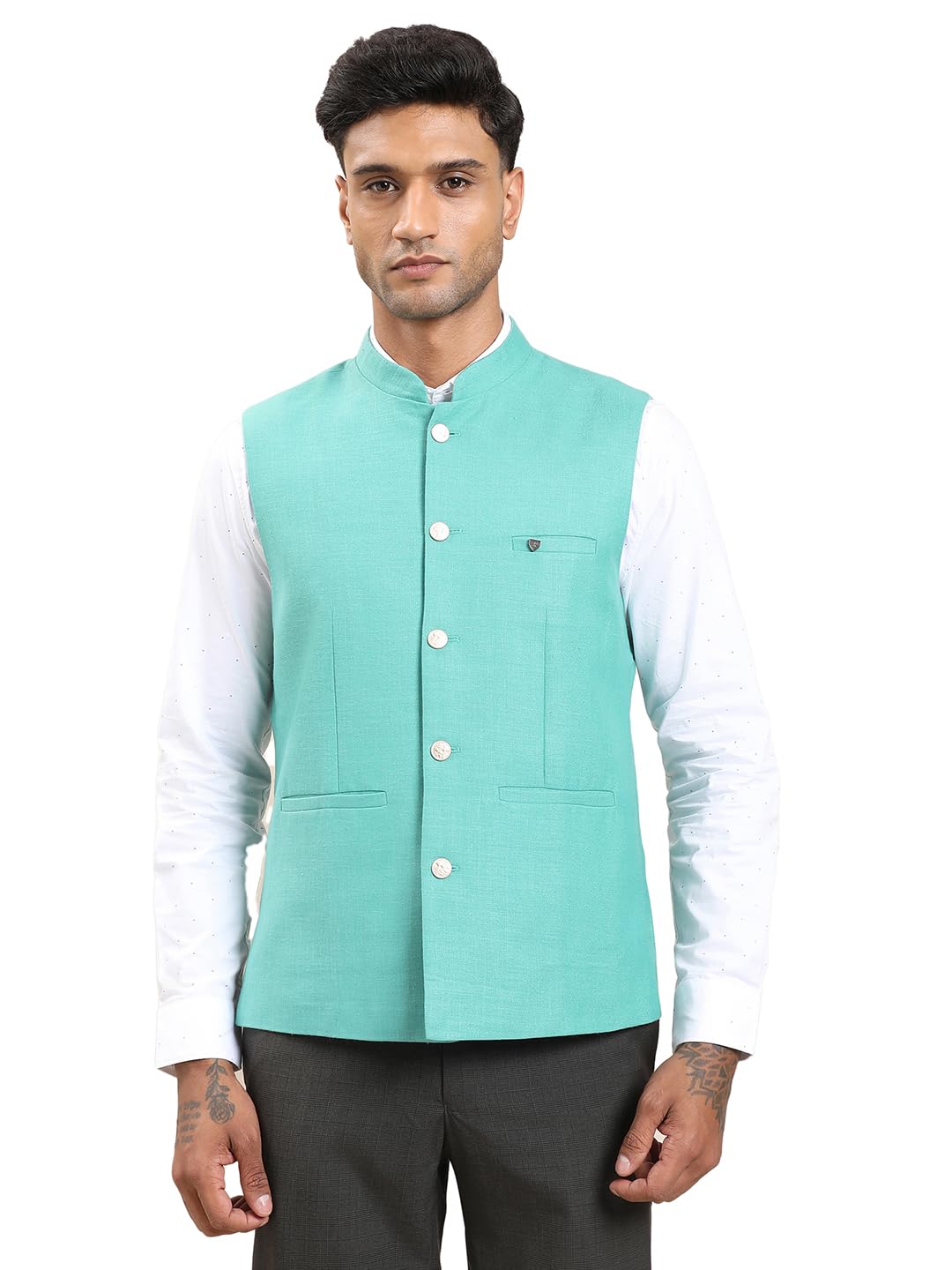 turtle Men Polycotton Solid Slim Fit Turquoise Nehru Jacket||Waistcoat-picture-48