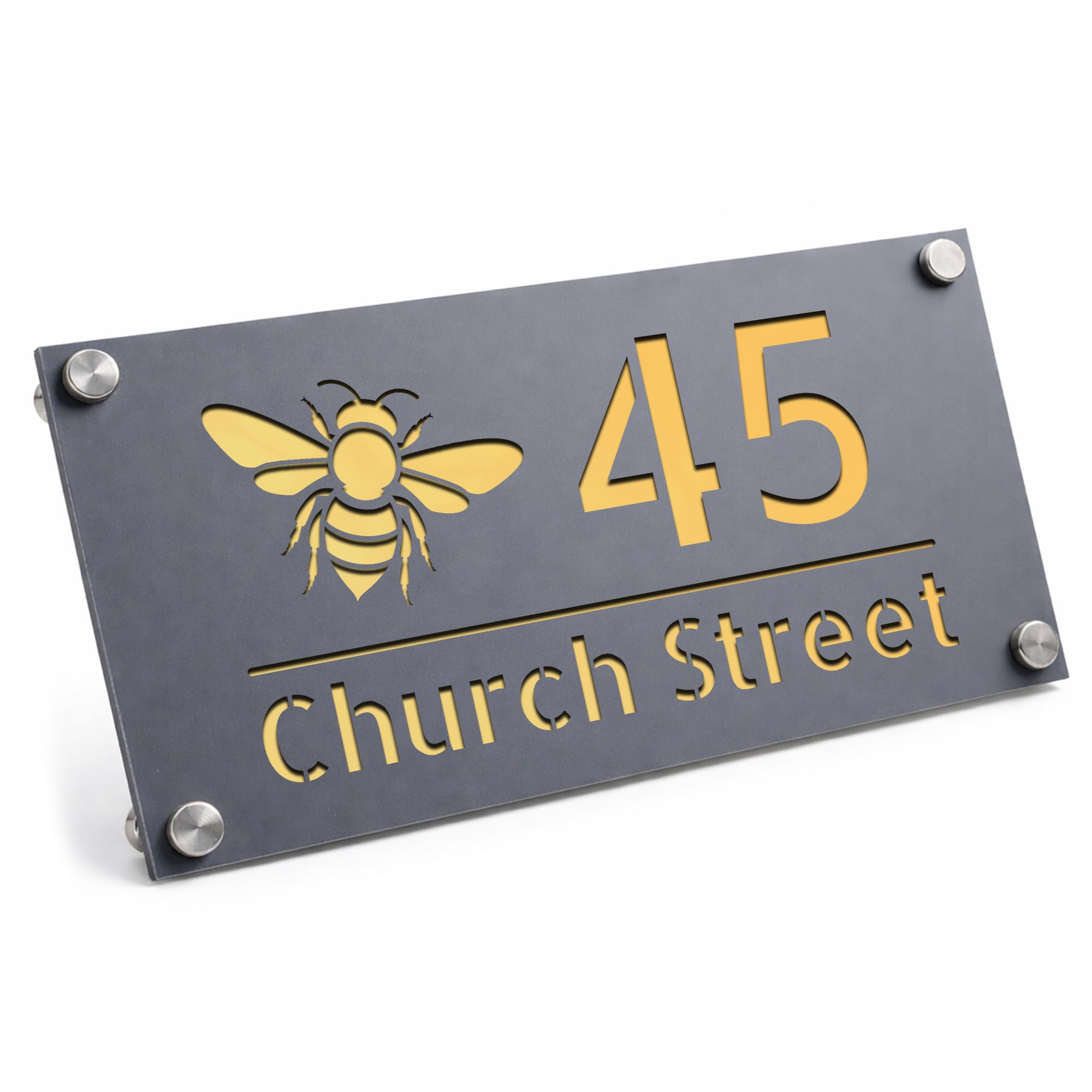 Red Ocean Personalised House Number Sign Bee Design Grey With Silver Street Address Plaque Address Sign For Outside Wall Sign For Home (Grey With Gold Back)