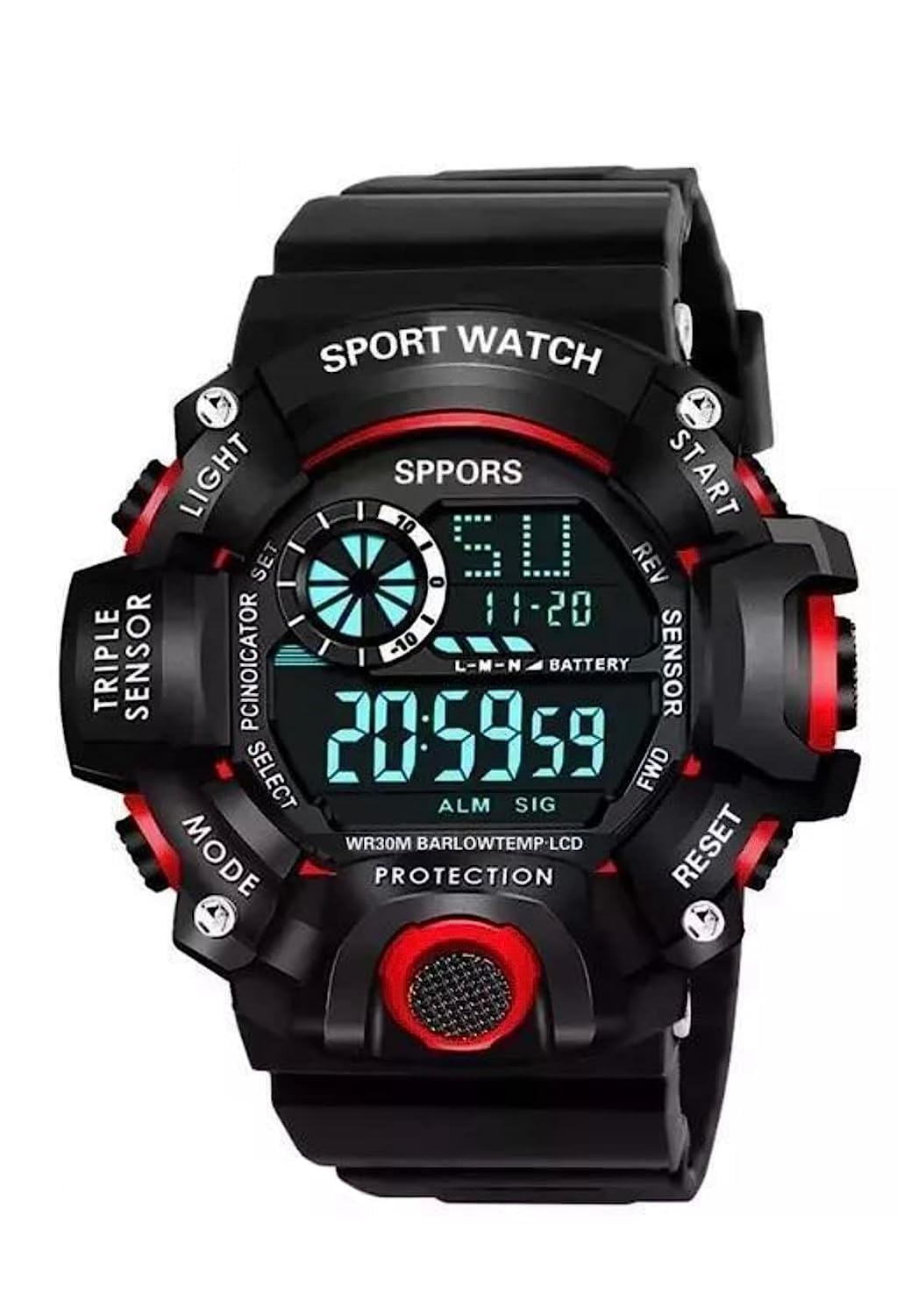 Digital Boy's Silicone Watch (Red Dial Black Colored Strap)