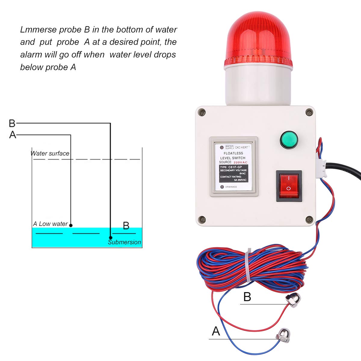 Wasserstandsanzeigealarm Wasserstandalarmsensor Wasserleitungsanzeigealarm Alarm für niedrigen und hohen Wasserstandsensor mit Lautstärkeregler des Schalldämpfers