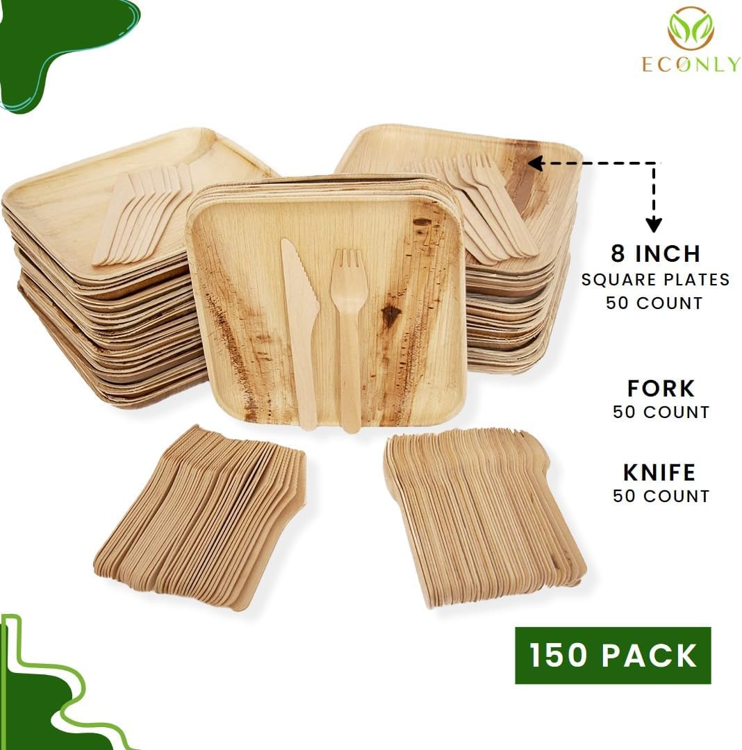 Eco-Friendly 8" Square Palm Leaf Plates and Wooden Utensils Set