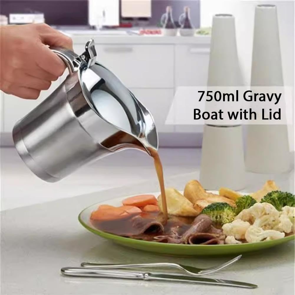 Isolierte Sauciere aus Edelstahl, doppelwandiges Design mit tropffreiem Deckel, 500 ml, ergonomischer Griff zum Servieren von heißen oder kalten Saucen, Milch, Vanillepudding und Sahne