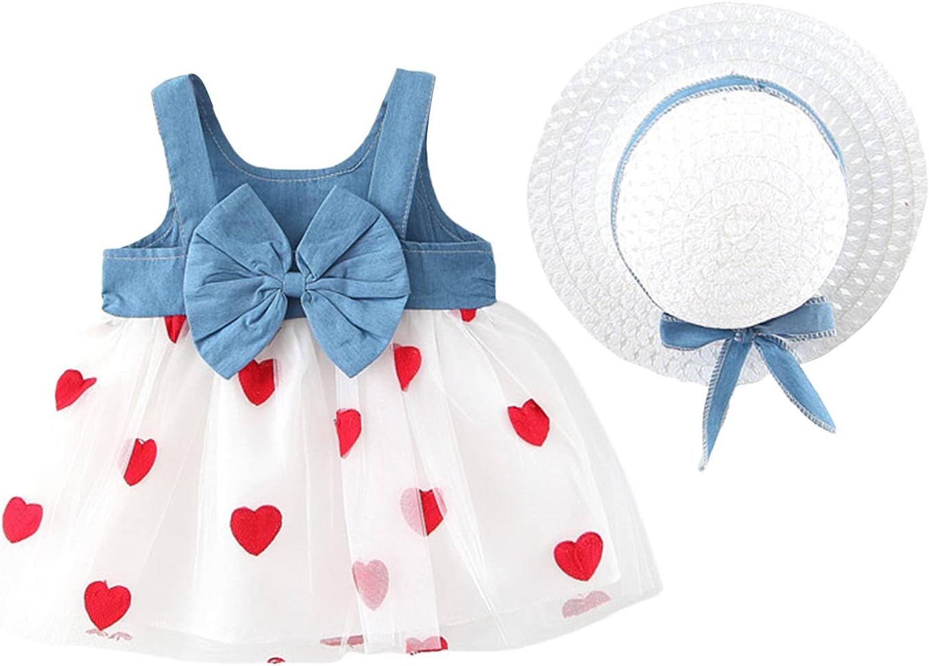 Toddler Baby Girls Princess Dresses Solid Denim Sleeveless Top Cartoon Love Pattern Tutu Skirt+Straw Hat 2Pcs
