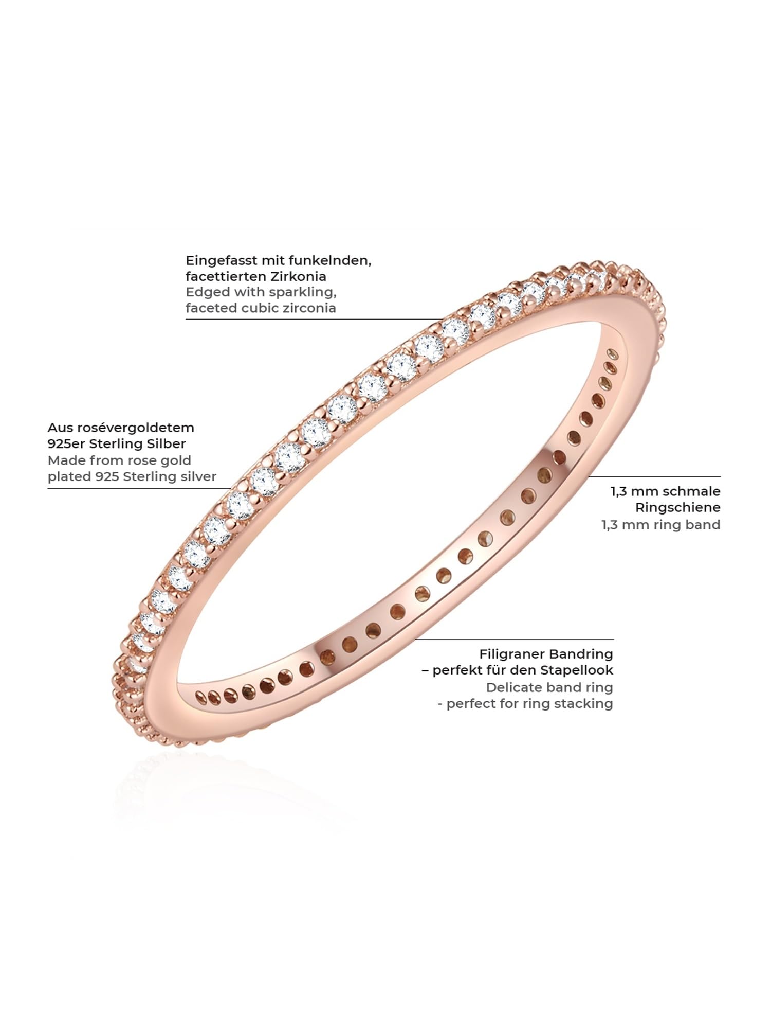 GLANZSTÜCKE MÜNCHEN Damen-Ring aus 925/- Sterling Silber rosévergoldet | Zirkonia,weiß,Memoirering,Stapelring,filigran,Vorsteckring,Beisteckring