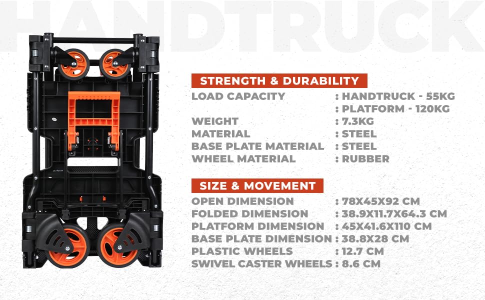 Diagram showing labeled components of the BLACK+DECKER 2-in-1 Folding Handtruck