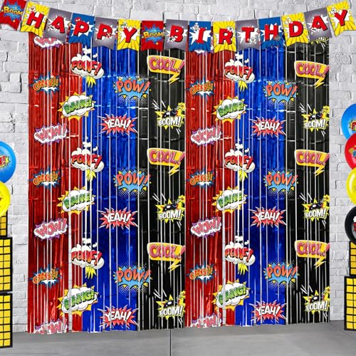 Image of Hero Birthday Party Backdrops Decorations, 2 Pcs Red Blue Black Tinsel Foil Fringe Curtain Streamers Photo Booth Background for Hero Themed Party Decorations Supplies