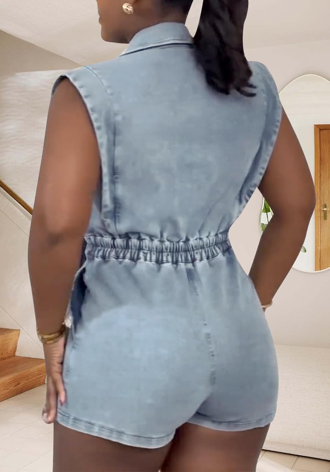 Women Summer Sleeveless Denim Romper Casual V Neck Bodycon Short Jumpsuits Cut Out One Piece Outfits - Image 4