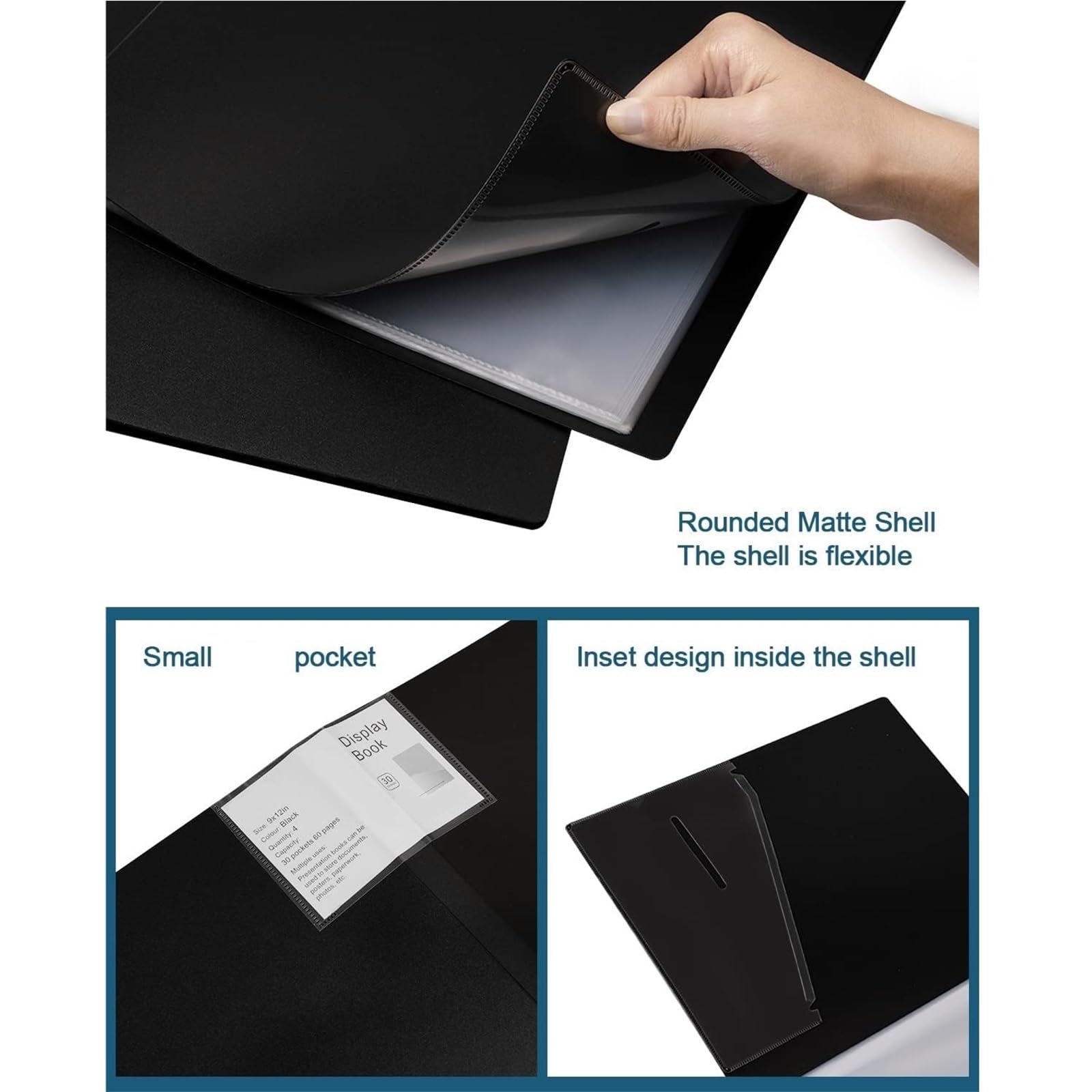 Cartelle portfolio nere da 4 pezzi con buste in plastica, 9x12 pollici, 30 tasche for la visualizzazione delle opere d'arte per Casa, Ufficio