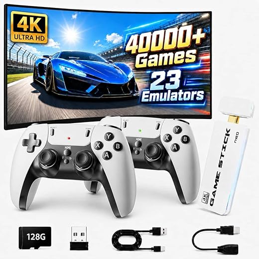 2026 Upgraded Retro Gaming Stick Pro, 40,000+ Retro Game Console, 23 Emulators, 128GB Built-in Classic Video Games, 4K HDMI Plug and Play TV Gaming System, 2 Wireless Controllers for Family Entertainment