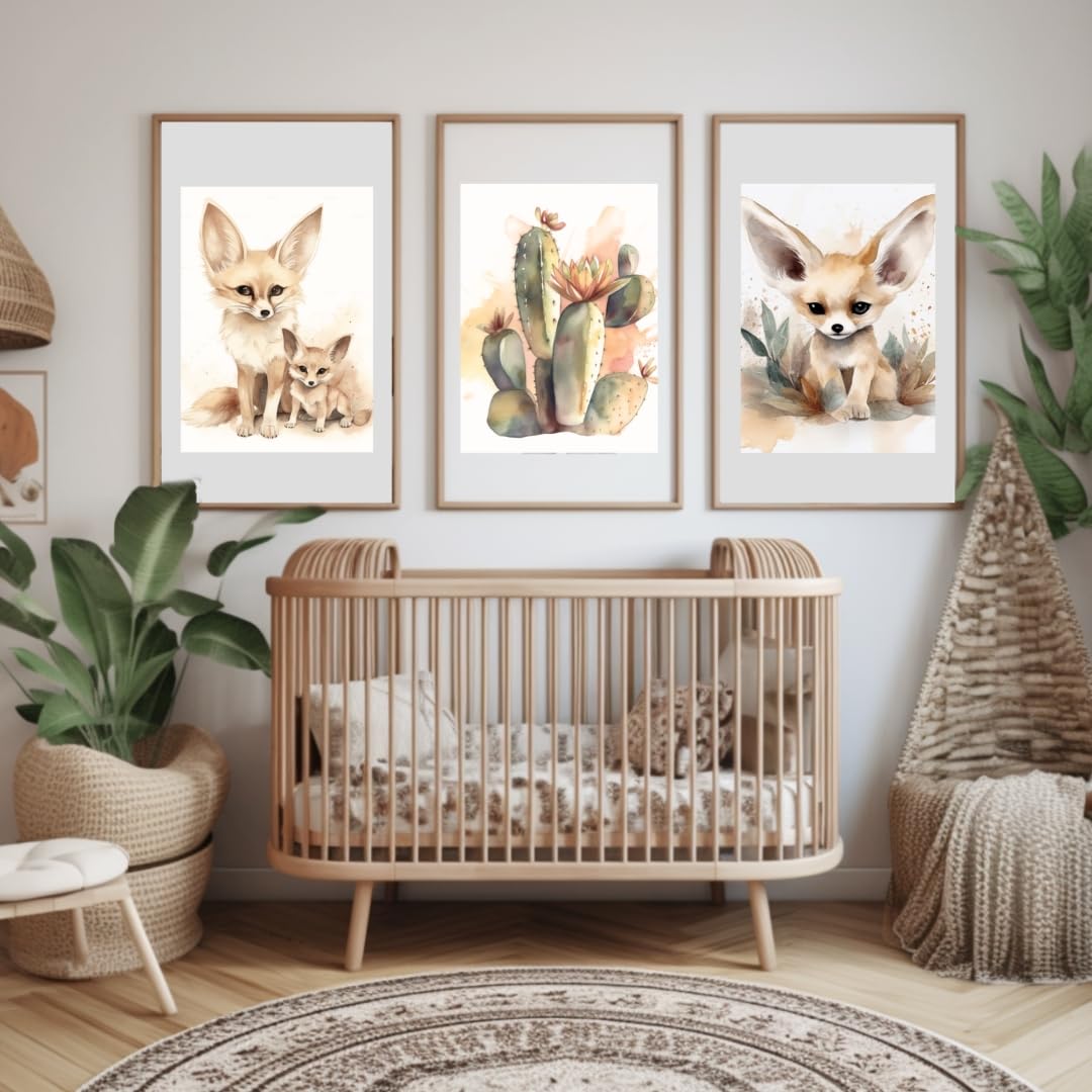 Set of 3, Desert Nursery Decor, Watercolor and Adobe Illustrator, Succulents, Desert Animals, Boho Style (Canvas, 11 x 14 inches)