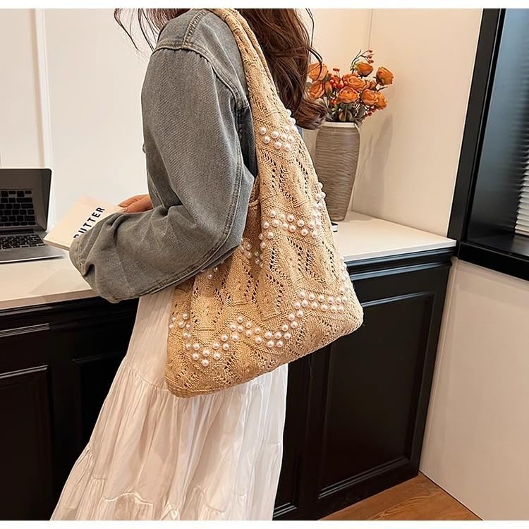 Image of Boho Crochet Beach Tote Shoulder Bag with Colored Beads | Colorful Aesthetic Hippie Knit Bag for Women