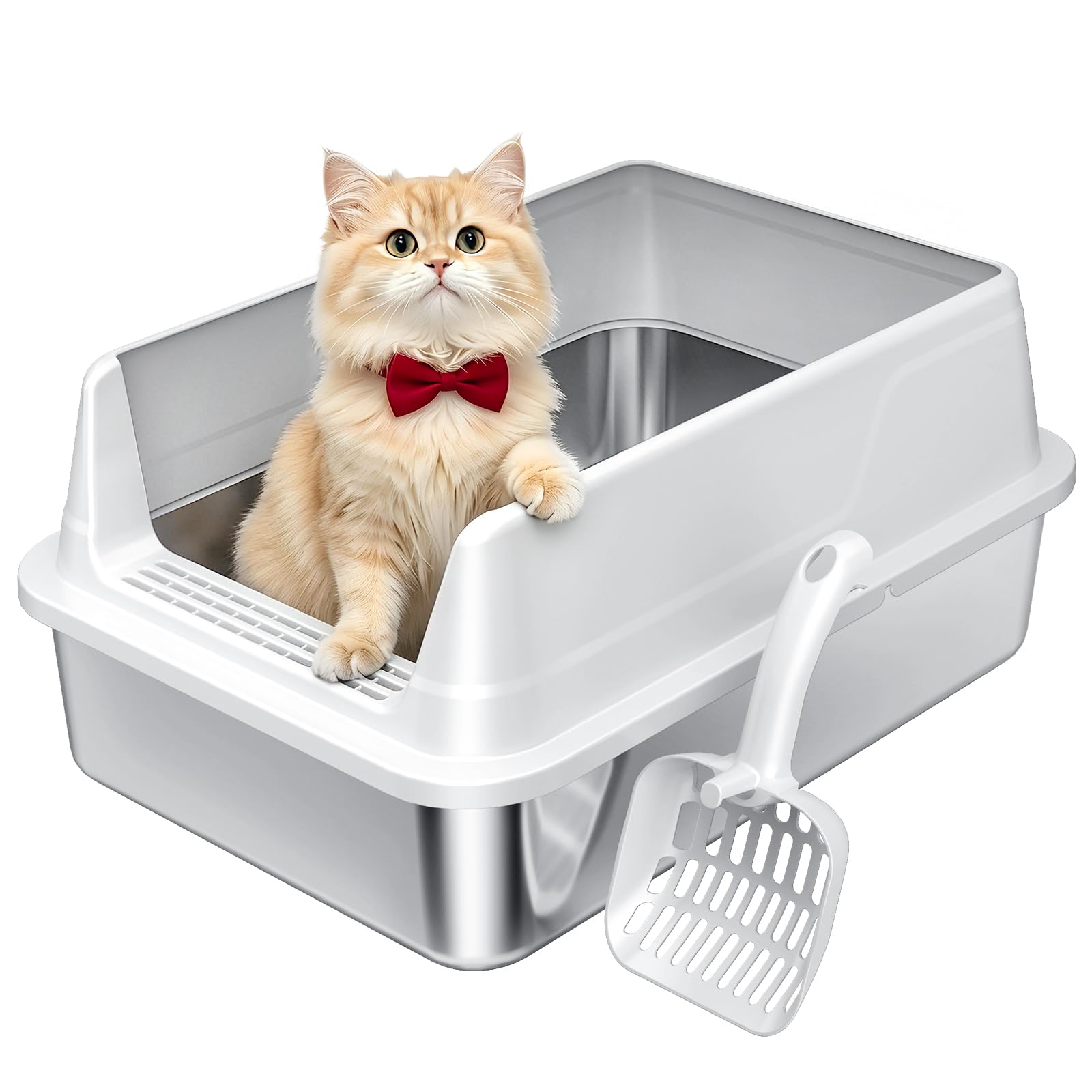 Photo 1 of [DIRTY] Tevila Stainless Steel Litter Box with High Sides, Small Metal Litter Box for Kittens & Senior Cats, Open Top Low Entry Non-Stick Easy Clean with Scoop, Gray