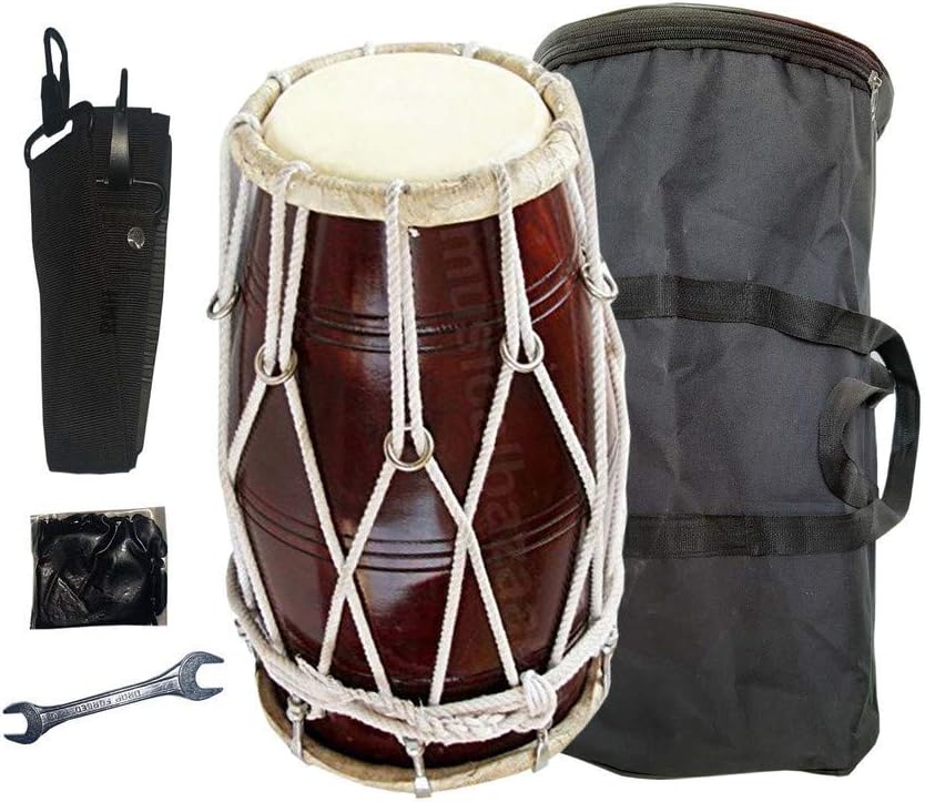 Huge Basket 1073 - Wood Dholak Musical Instrument Drum Nuts N Bolt With Tool Kit (Dark Brown)