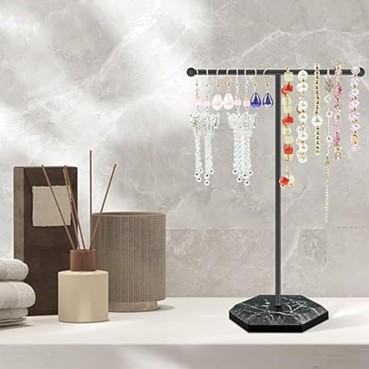 Présentoir à Bijoux En Métal Blanc + Noir - Étagère T Pour Colliers, Boucles D'Oreilles, Bracelets Et Montres