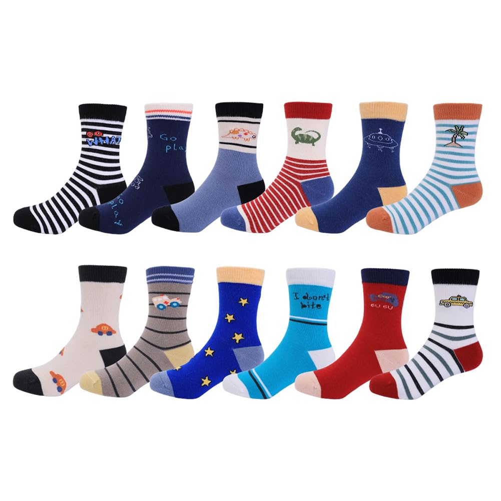 WATOCHE Toddler Boys Socks 12 Pairs Baby Crew Cotton Boy Dinosaur Socks for 1-3T/3-5T/6-8Years School Little Kids(Car Stripe,6-8T)