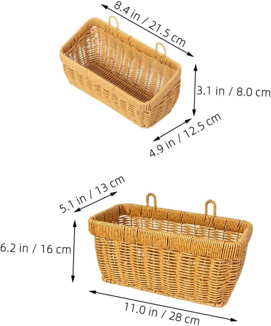 2pcs Kitchen Hanging Woven Wall Baskets Set – Plastic Rattan Imitation Storage Organizer for Vegetables, Fruits, Eggs – Large and Small Light Coffee Color for Kitchen Wall Mount