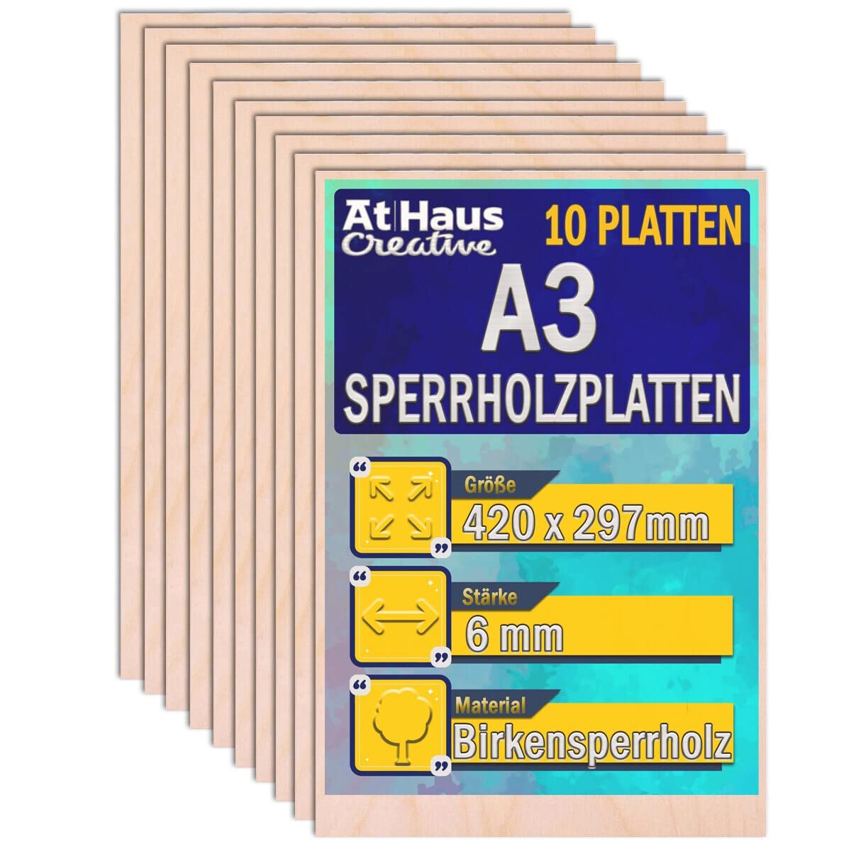 AtHaus 10 x A3 Sperrholzplatte 6mm | 420 x 297 mm | Birkensperrholz | Perfektes Blatt für Laserschnitt, CNC Router, Brandmalerei, Laubsäge, Durchbrochenes | Dünne Holz-Zuschnitt