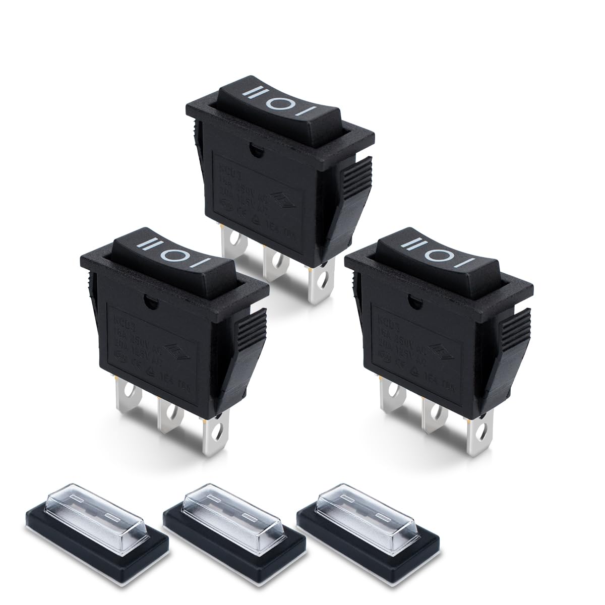 6x Mini-Wippschalter KCD3-101 – 3-polig, 3 Positionen (ON-OFF-ON), 16A/250V, Mit Wasserdichten Kappen – Für Heimwerker & Industrie