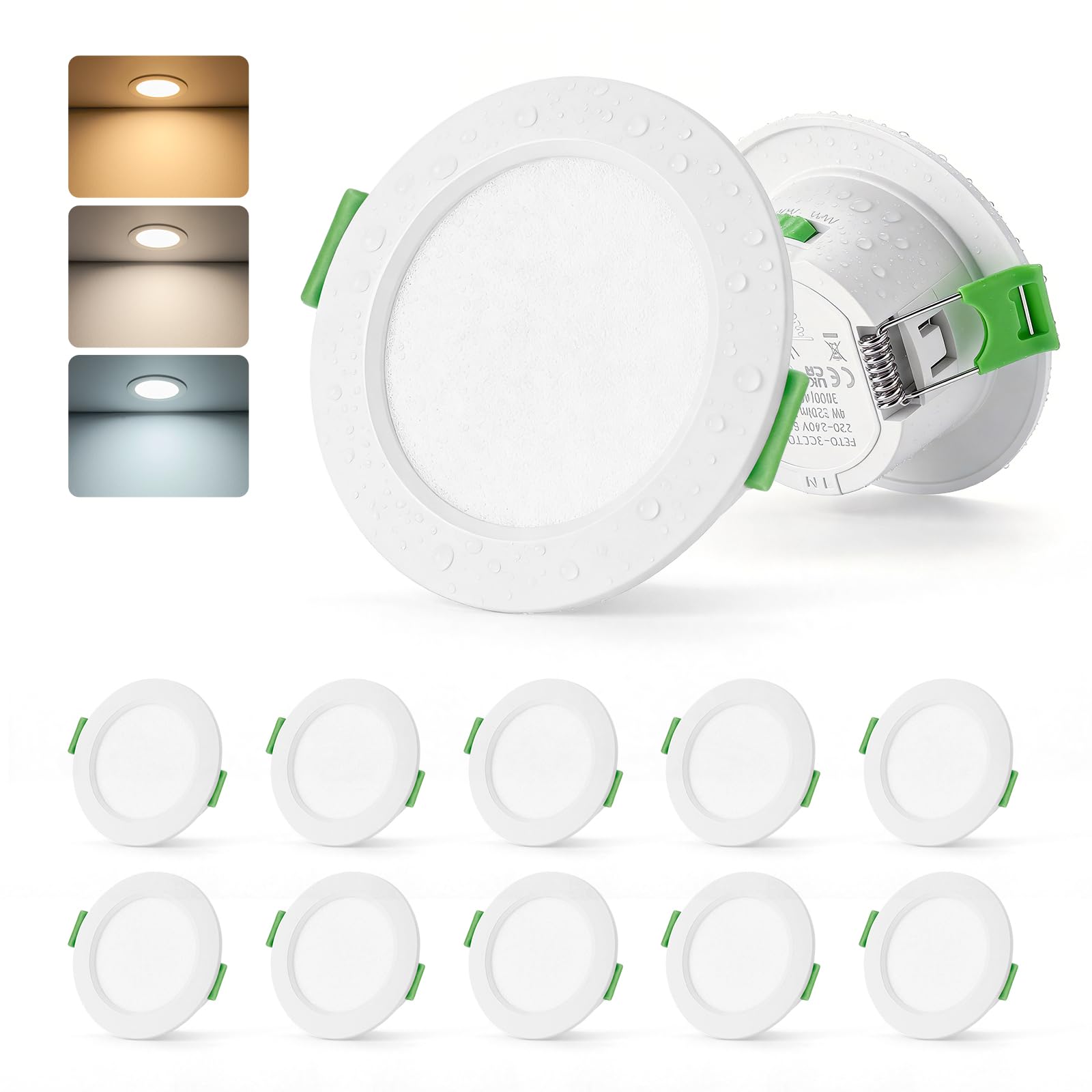 Leselux Spot LED Encastrable 230V, Trou 55mm - 68mm, 4W Spot Salle de Bain IP44 Blanc Chaud 3000K Blanc Neutre 4000K Blanc Froid 6000K, Spots de Plafond Extra Plat pour Salon, Cuisine, Lot de 10