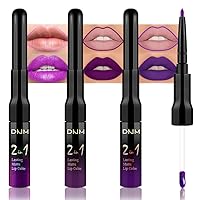 Vista 29 de 3 piezas 2 en 1 Set de maquillaje de delineador de labios mate y lápiz labial líquido para mujeres, rojo burdeos, rojo burdeos oscuro, púrpura